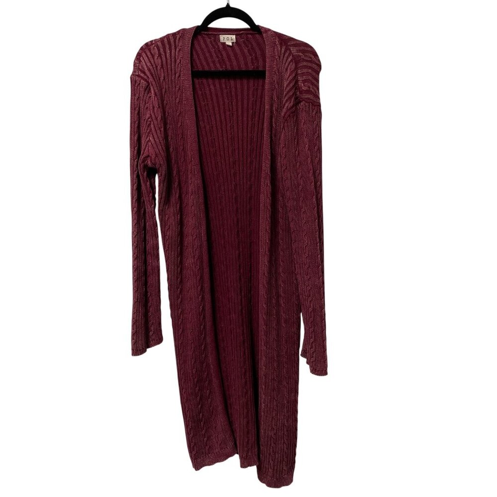POL ANTHROPOLOGIE CARDIGAN CABLE KNIT BURGUNDY MIDI COZY STRETCH SIDE SLIT SZ L